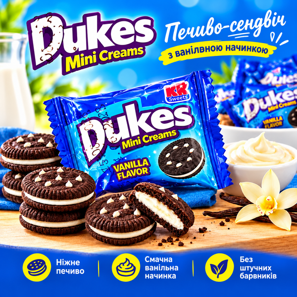 Печиво шоколадне Dukes Mini Creams Vanilla Flavor з ванільною кремовою начинкою D-1 фото